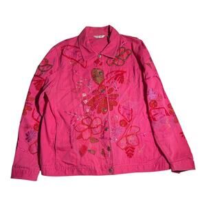 Vtg Y2K Laura Ashley Bright Pink Red Floral Embroidered Button Up Jacket Sz L